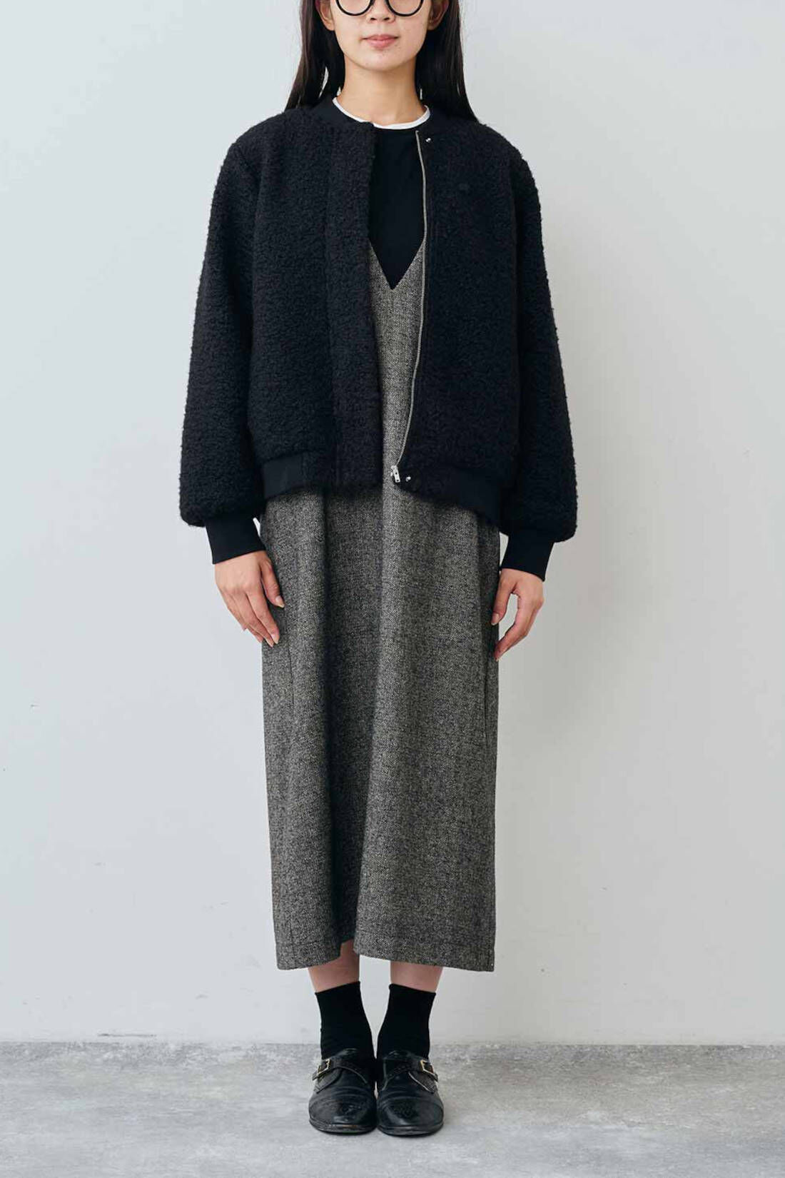 Real Stock|THREE FIFTY STANDARD　比翼のボアジップアップブルゾン〈ブラック〉|モデル身長：163cm　着用サイズ：M