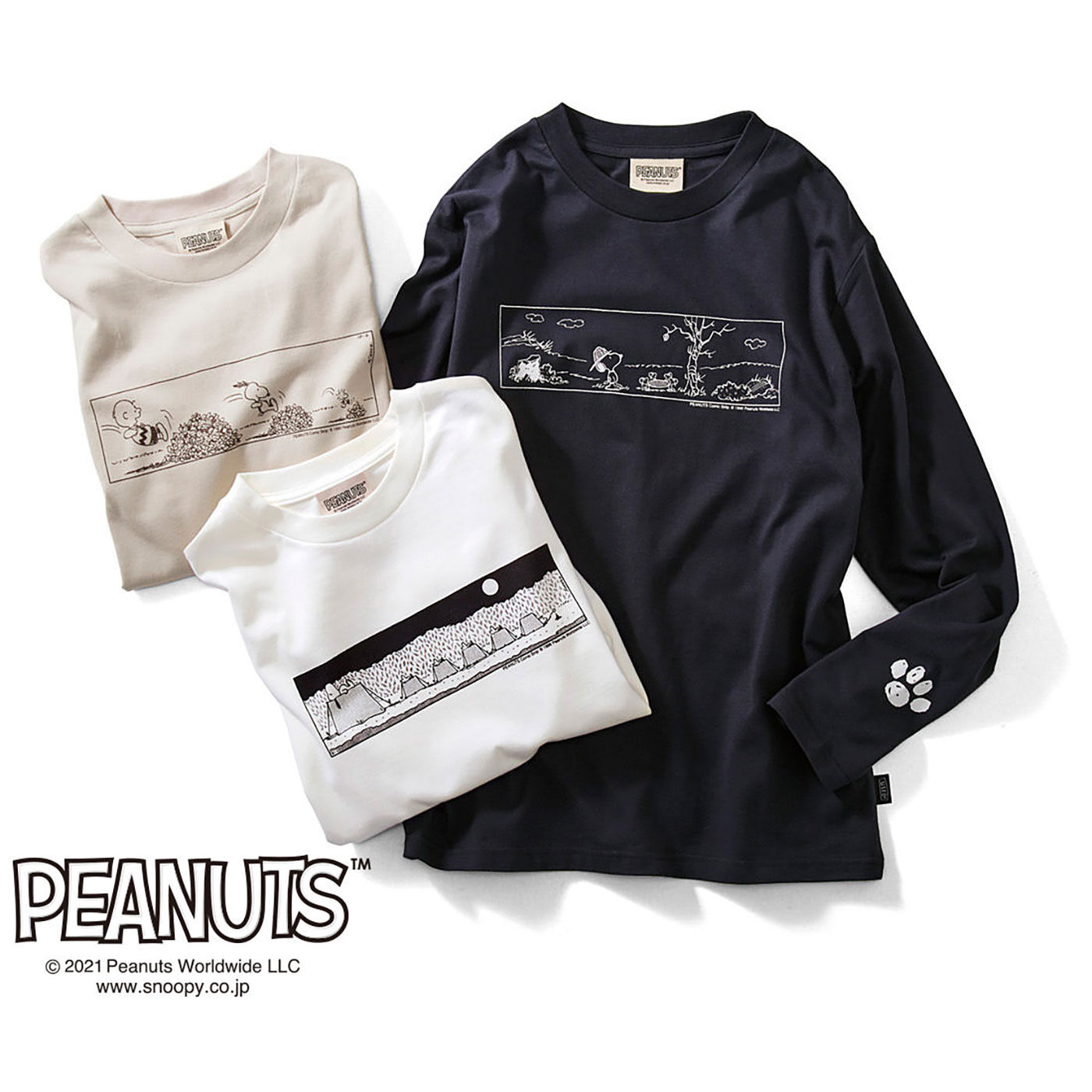 Real Stock|PEANUTS　1コマ漫画の長袖Tシャツ〈グレージュ〉