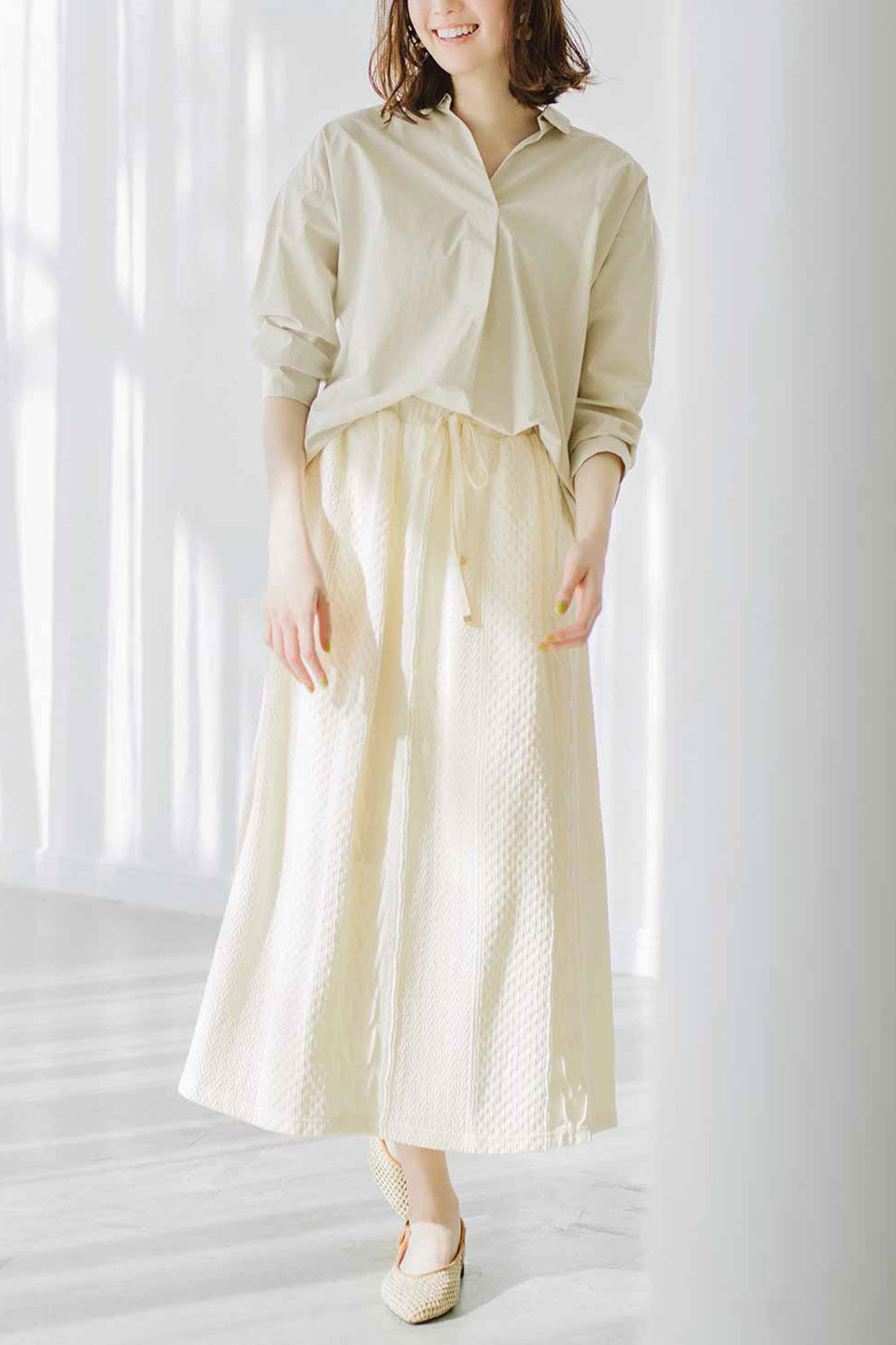 Real Stock|Live love cottonプロジェクト　リブ イン コンフォート　編み柄が素敵なオーガニックコットンロングスカート〈ブラック〉|これは参考画像です。お届けするカラーとは異なります。