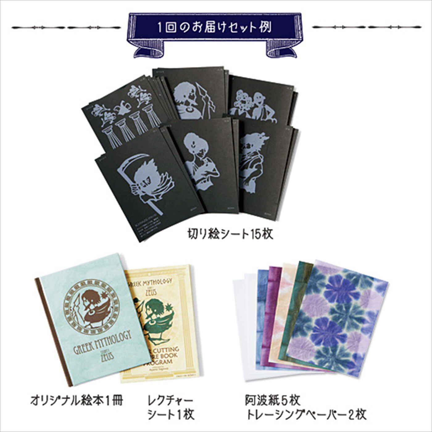 realstock [リアルストック]（Express BOX）|私だけの特別な絵本を作る　ギリシア神話切り絵プログラム|１回のお届けセット例
