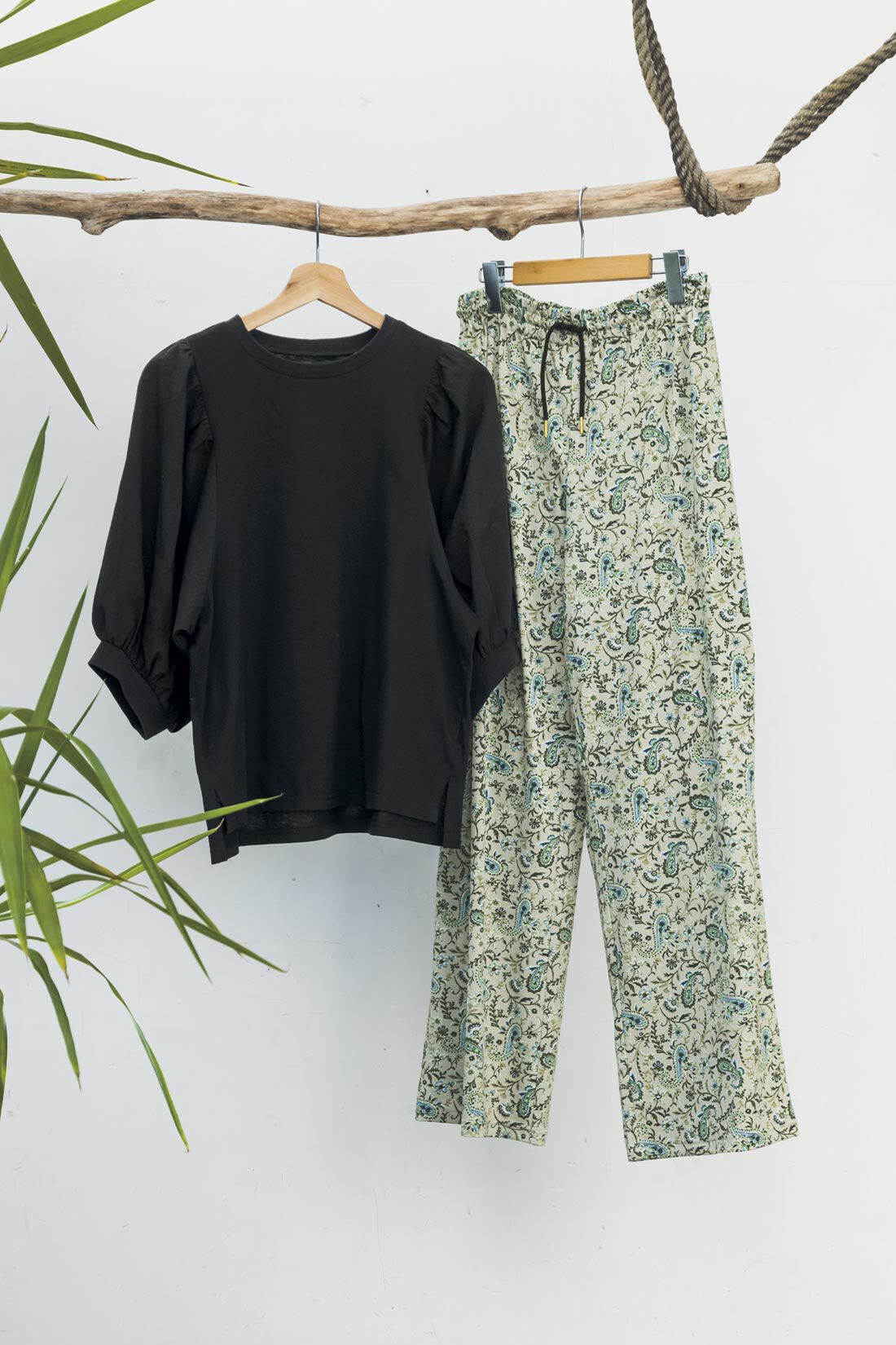 リブ イン コンフォート はまじとコラボ 大人柄で華やぐ ブラウスTシャツ＆柄カットソーパンツセット〈ブラック×グリーン〉｜レディースファッション・雑貨のアウトレット通販｜Real  Stock