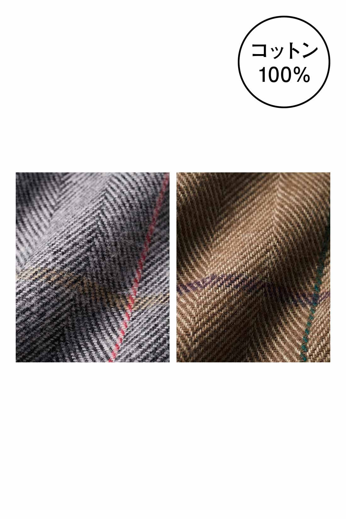 Real Stock|IEDIT[イディット]　コットン100％の起毛素材で肌心地やさしいチェックワイドパンツ〈グレーチェック〉|やさしい肌心地とウールライクな暖かさをかなえたコットン100％の地厚な起毛素材。