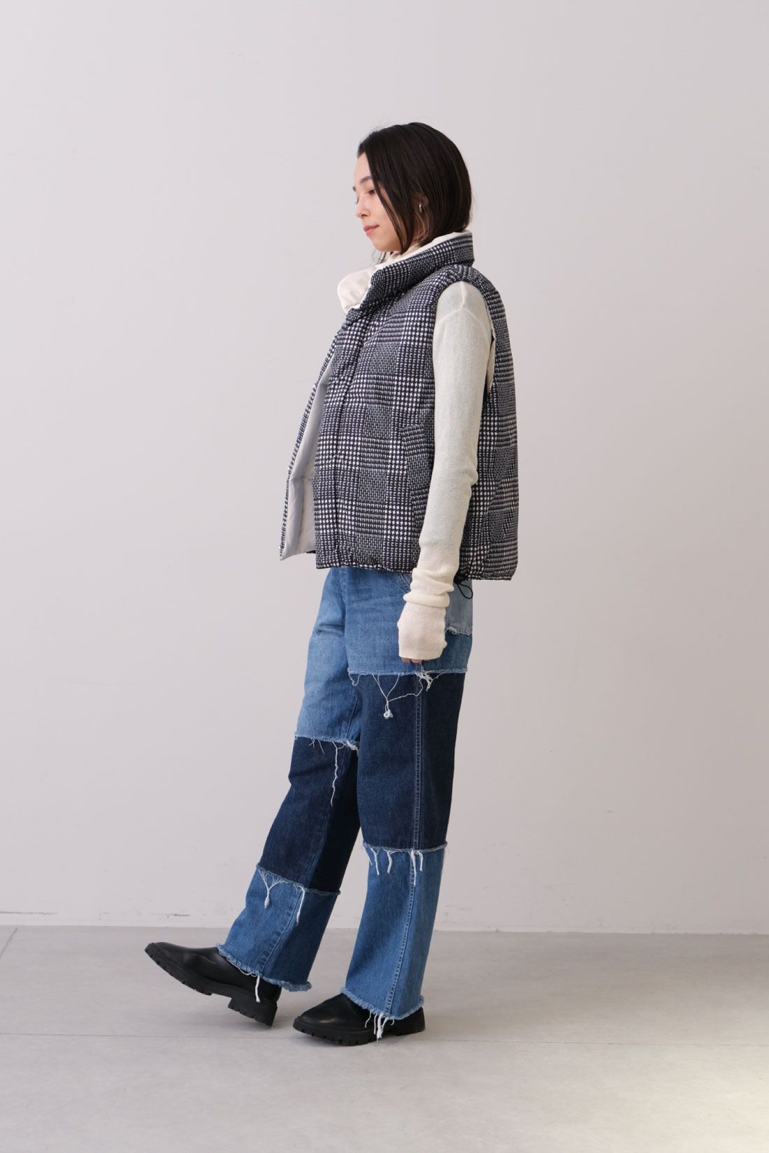 Real Stock|MEDE19F 〈SELECT〉　【GERRY】 REVERSIBLE VEST|1 cream×glen check　モデル身長：168cm