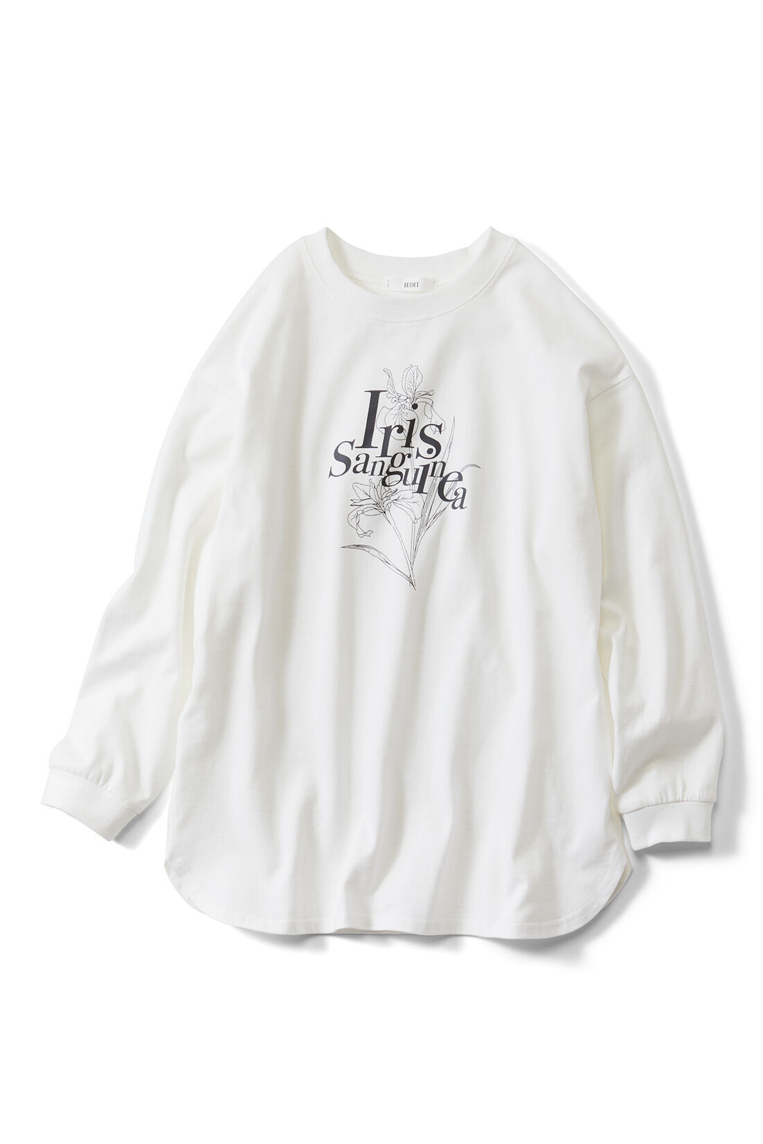 realstock [リアルストック]（Express BOX）|Live love cotton（R）プロジェクト IEDIT[イディット]　大人のためのモノトーンフラワーロゴプリントTシャツ〈アヤメ〉|アヤメ 『よい便り、希望』 うれしい予感に満ちる、落ち着いた大人な印象を持つ花を。
