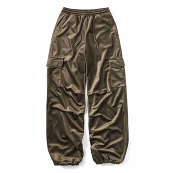 Real Stock | はき心地やわらか 上品艶ベロアのパラシュートパンツ〈モカ〉
