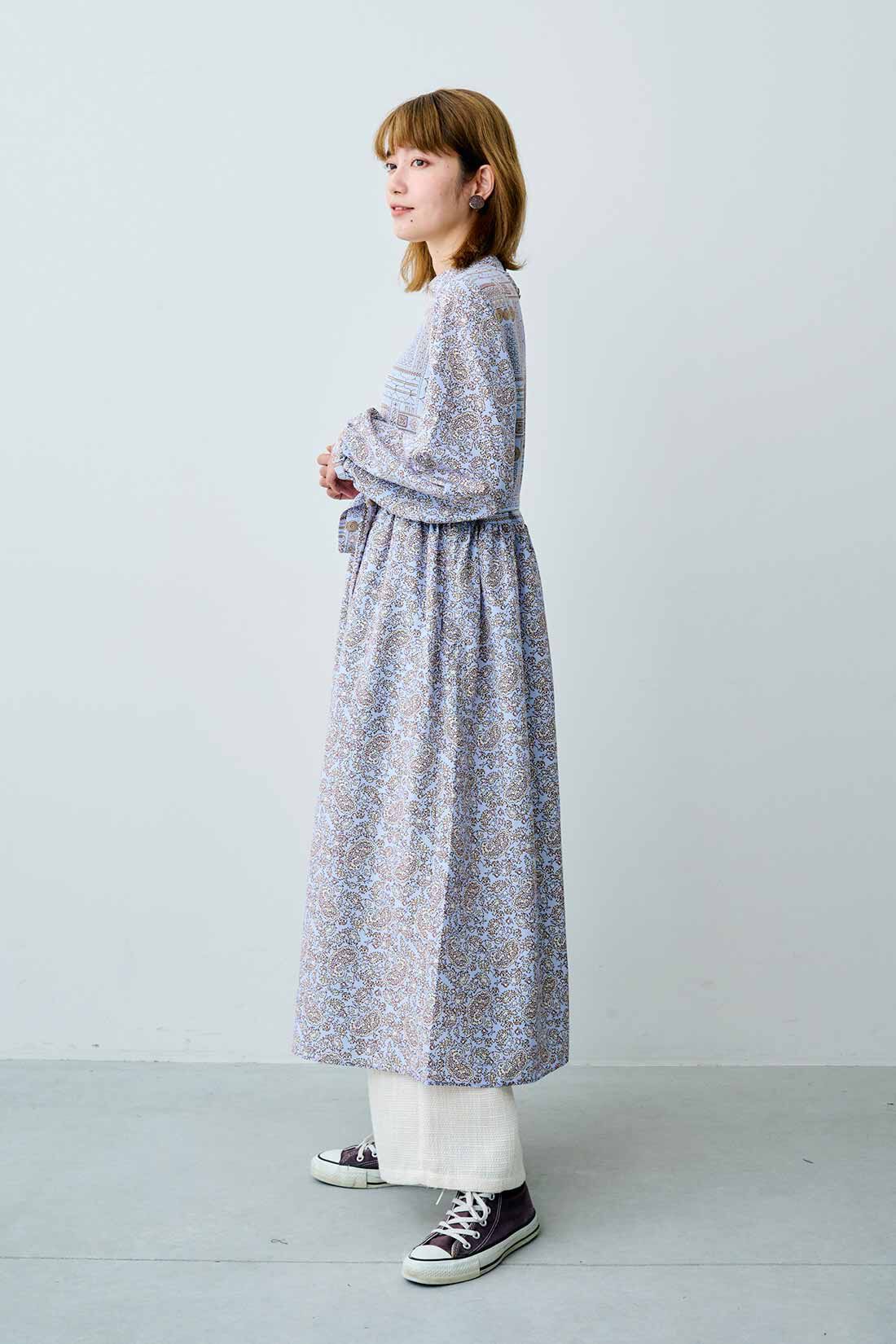 realstock [リアルストック]（Express BOX）|MEDE19F　変形ペイズリープリントのロングワンピース〈パープル〉|モデル身長：163cm　着用サイズ：M