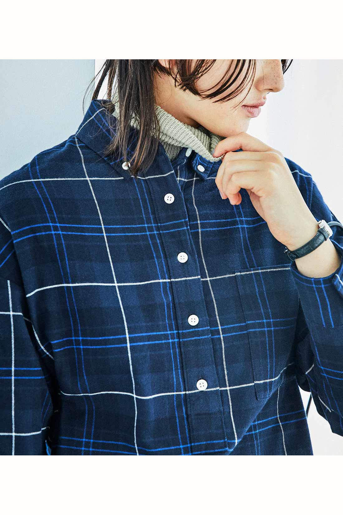 Real Stock|THREE FIFTY STANDARD　ボタンダウンのプルオーバーチェックワンピース〈ネイビー〉