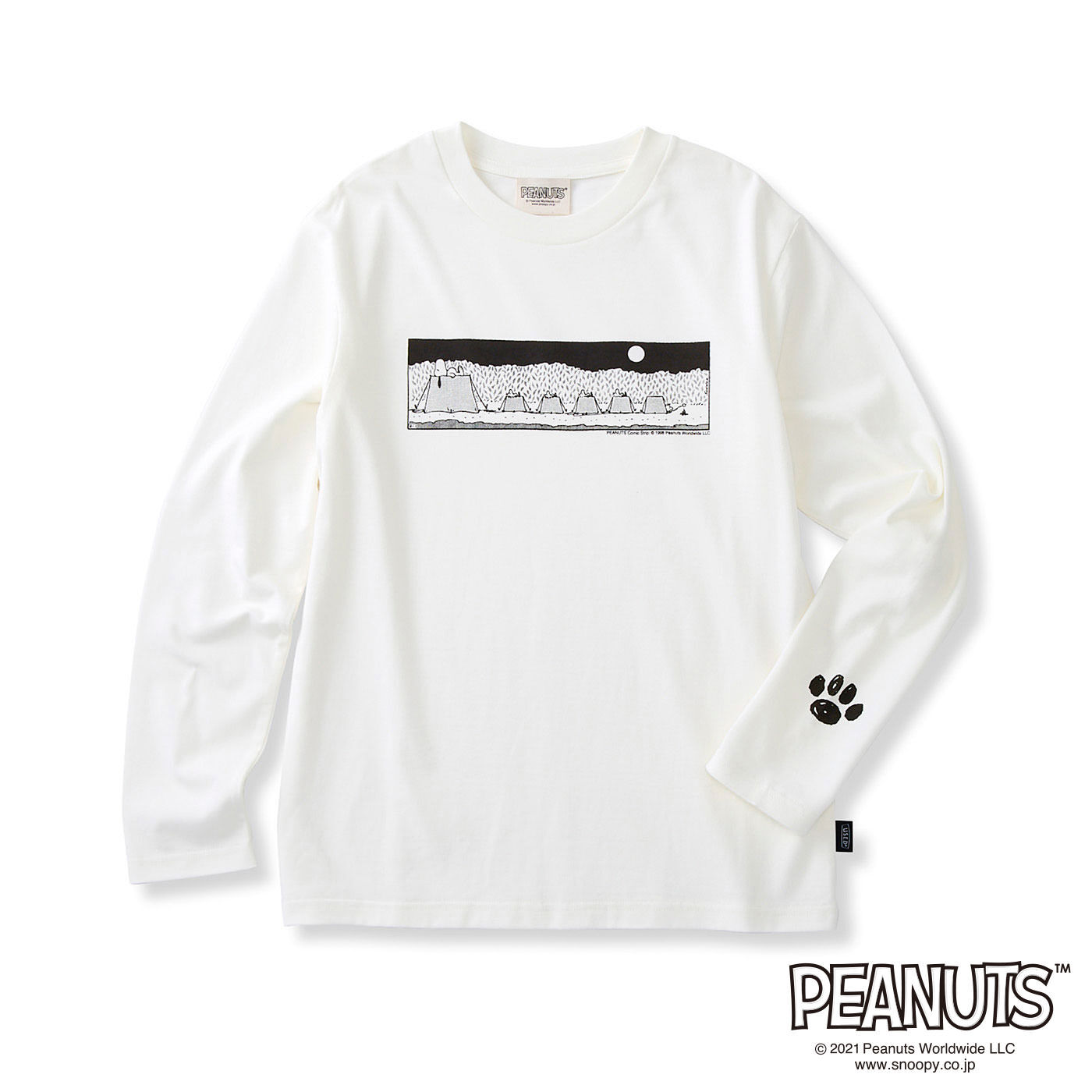 Real Stock|PEANUTS　1コマ漫画の長袖Tシャツ〈ホワイト〉|〈ホワイト〉：袖口にはスヌーピーの足跡のワンポイントプリント。