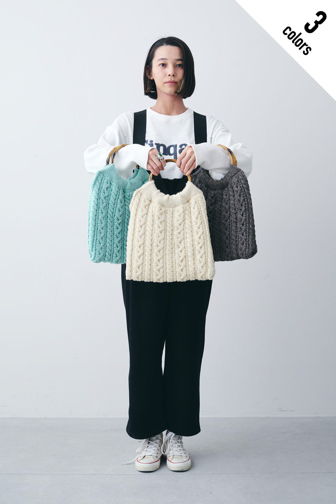 Real Stock|MEDE19F 〈SELECT〉 【HIGHLAND2000】　KNIT BAG|左からMINT、ARAN、MGW