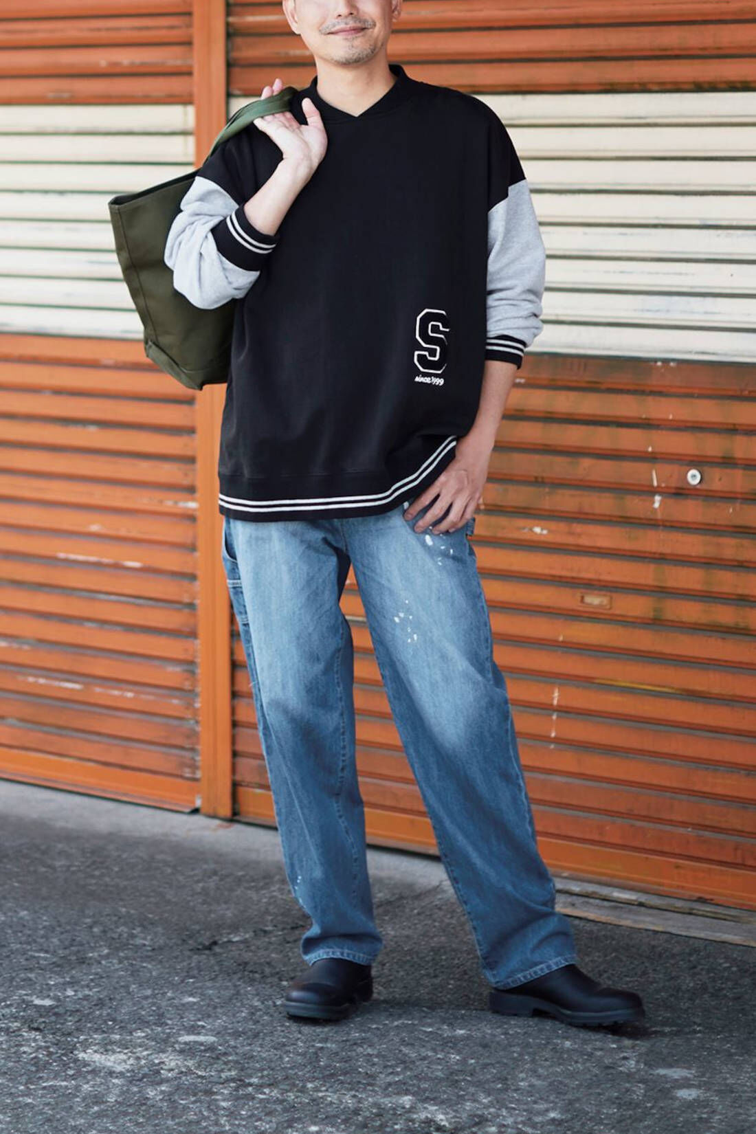 【個性派古着】レア！日本製　スタジャン　グレー×ネイビー　メンズＬ　ヴィンテージ