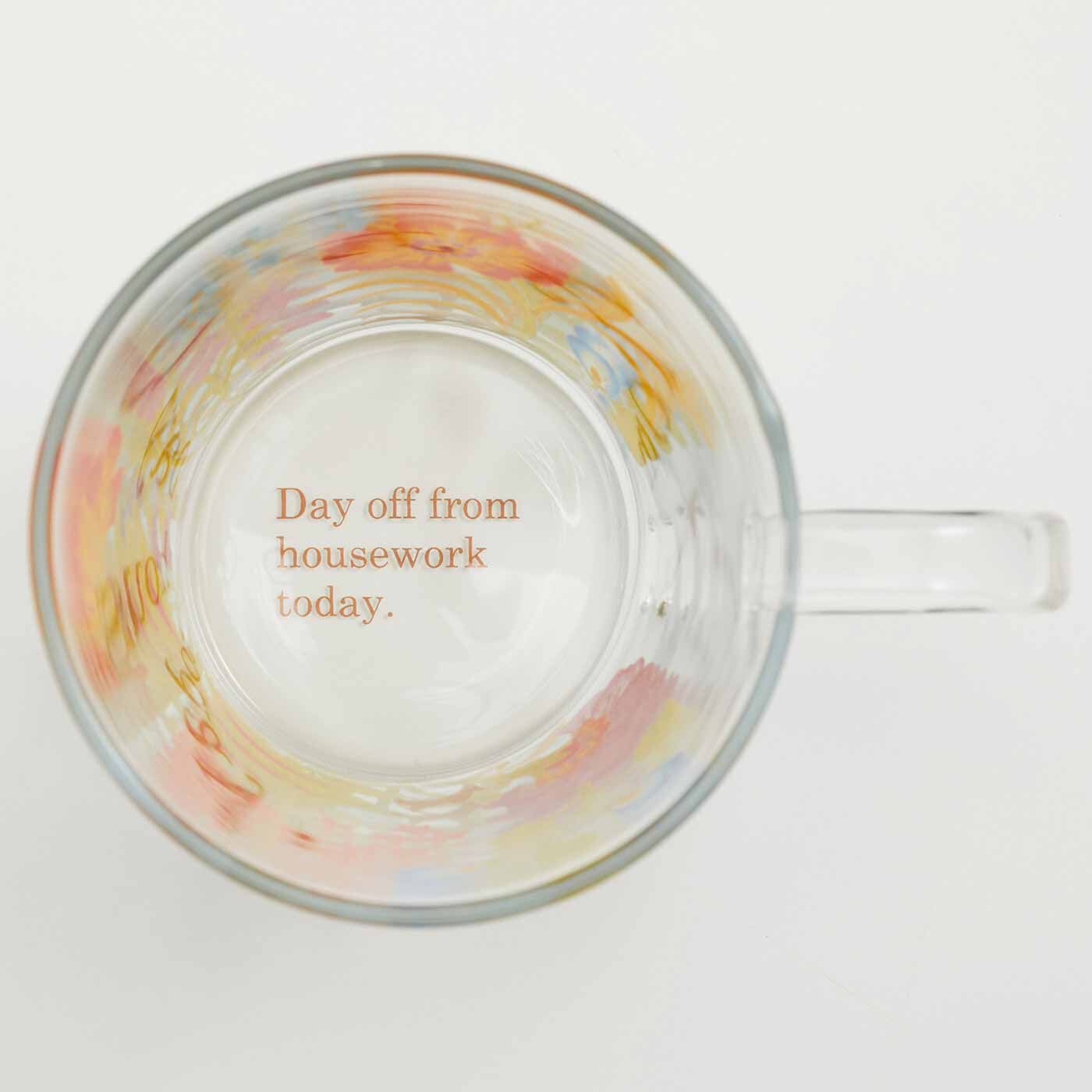 フェリシモメリー|am＆be アンティークフラワー ほっと一息 優雅なティーパーティー 茶こし付き耐熱ガラスのマグカップセット|カップの底にはメッセージが。