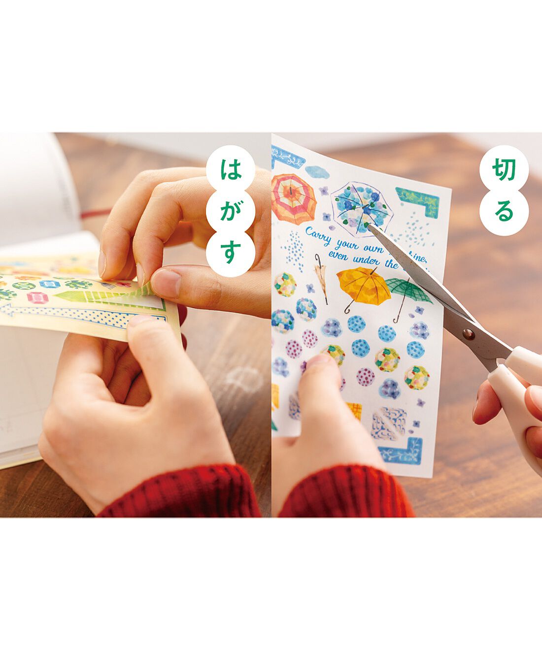 フェリシモメリー|なんてことない予定がかわいくなる　手帳シールセットの会|使い方は2パターン！　A.矢印シール　B.ごほうびシールは1枚ずつはがして使える　C.コラージュシールははさみで好きな形にカットして使える