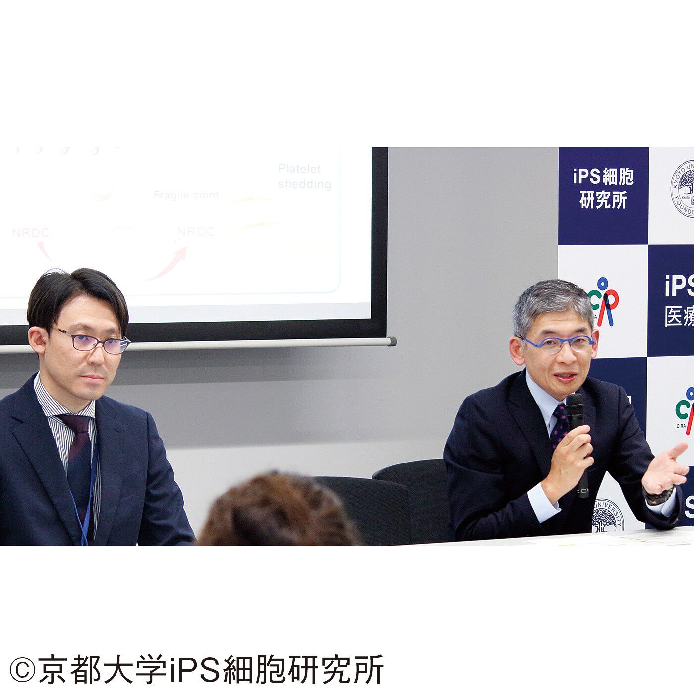 フェリシモメリー|iPS細胞研究支援|記者に説明する（左から）伊藤研究生、江藤教授