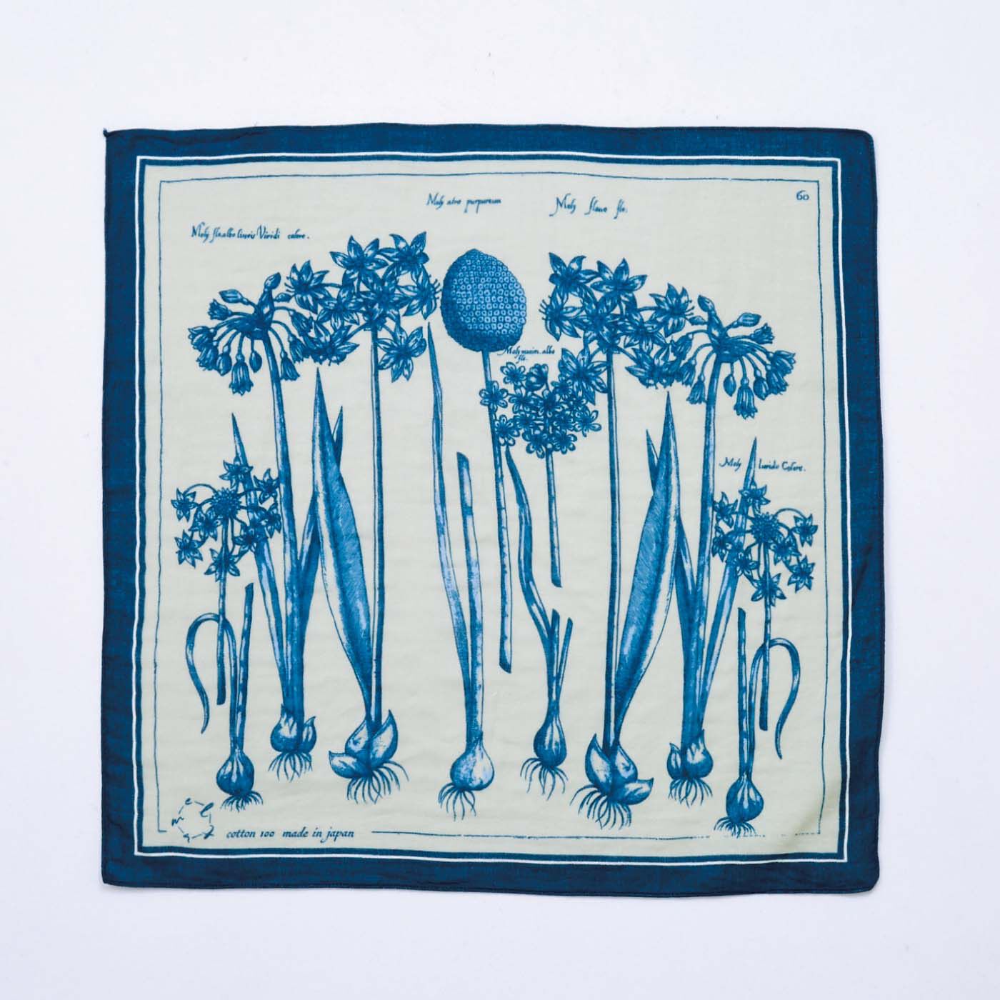 フェリシモメリー|el:ment　ヴィンテージ植物画の世界を日常にダブルガーゼの大判ハンカチの会|〈Ornamental Onions/インクブルー〉