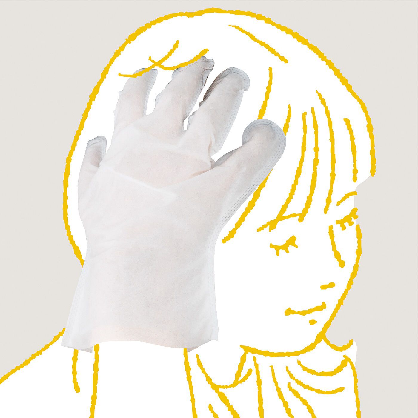 フェリシモコレクション|みんなのBOSAI もしもしも　ふだんから意識する　７つのあたため習慣の会|ミトンをはめてやさしく頭皮を洗浄します。水分を含んだ厚手シート（外側）とさらりとした薄手シート（内側）の二重構造。手がベタつかないのがうれしい。