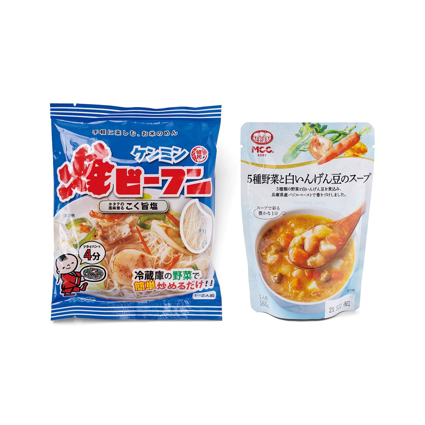 フェリシモコレクション|【予約/4月分からお届け】みんなのBOSAI　もしもしも　備蓄でお守り ＫＯＢＥ ＢＯＸ２|■セット内容/焼ビーフンこく旨塩（70g）1個、5種野菜と白いんげん豆のスープ（160g）1袋