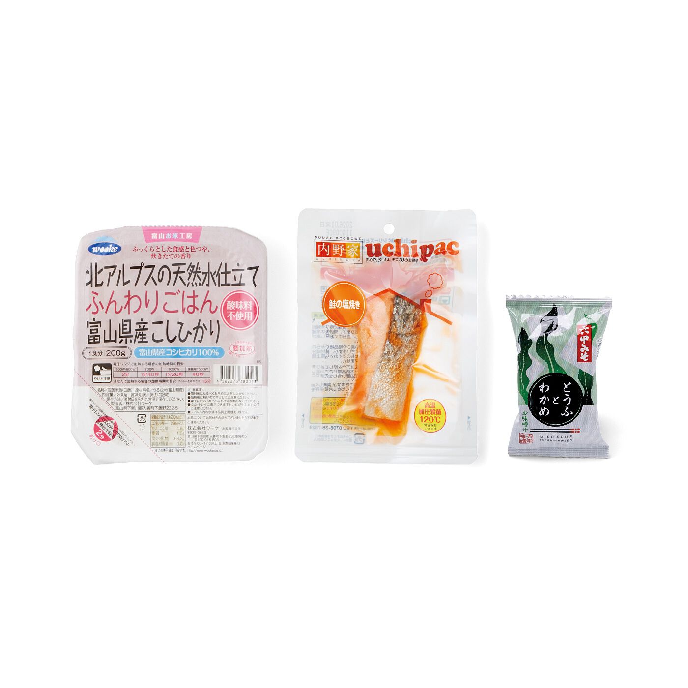 フェリシモコレクション|みんなのBOSAI　もしもしも　備蓄でお守り ＫＯＢＥ ＢＯＸ２|■セット内容/北アルプスの天然水仕立てふんわりごはん富山県産こしひかり（200g）1個、鮭の塩焼き1切、とうふとわかめフリーズドライ味噌汁（9.4g）1個