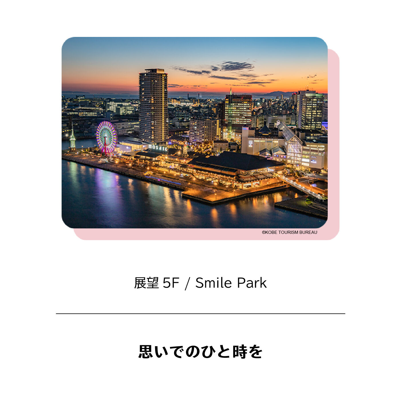 フェリシモコネクション|神戸ポートタワー 年間パスポート（先行販売）|エレベータ―が着床する最上階フロア。ロマンティックな神戸を一望できます。夕焼けはとても素敵ですが雨の日も趣きある神戸の表情をみることができます。来場された方々の思い出の写真が撮れるブースも設置。