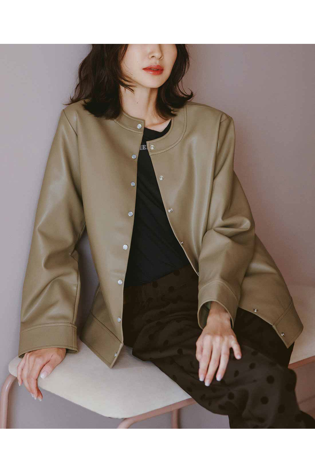 芸能人 愛用の通販 IEDIT[イディット] 上品デザインのフェイクレザージャケット ジャケット・アウター