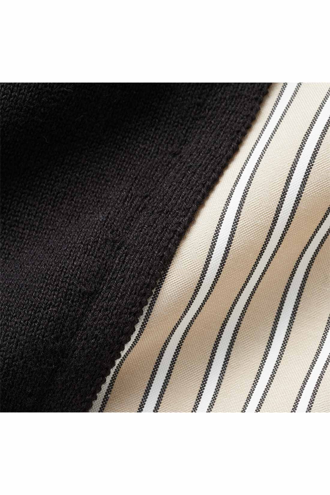 IEDIT|IEDIT[イディット]　異素材切り替えのストライプシャツ ドッキングニットトップス〈ブラウン〉|秋口からさらっと着られるコットンニットとストライプシャツの組み合わせ。