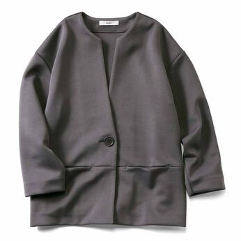 ダンボールカットソー素材 ノーカラー カーディガン ジャケット〈チャコールグレー〉