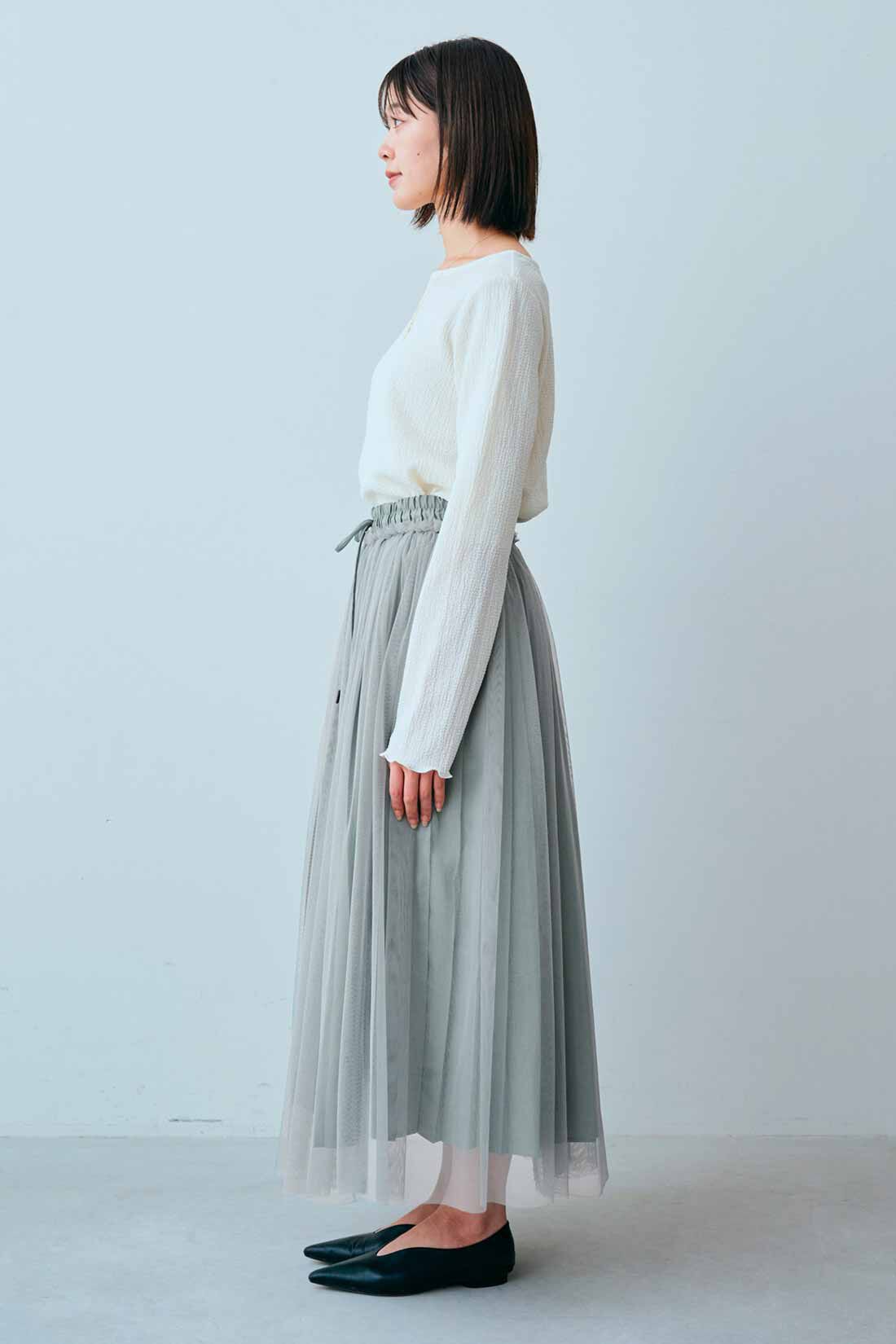 IEDIT[イディット]　プリーツデザインのチュールレイヤードスカート|モデル身長：164cm　着用サイズ：M