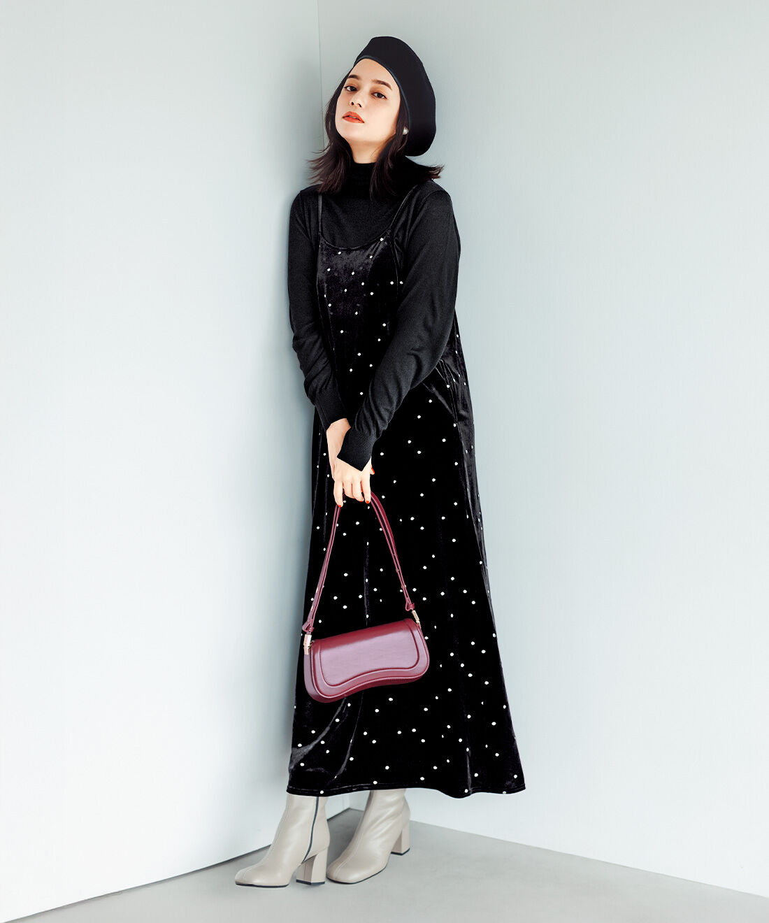 IEDIT［イディット］|ドットベロアキャミワンピ〈ブラック〉ＩＥのコーディネート