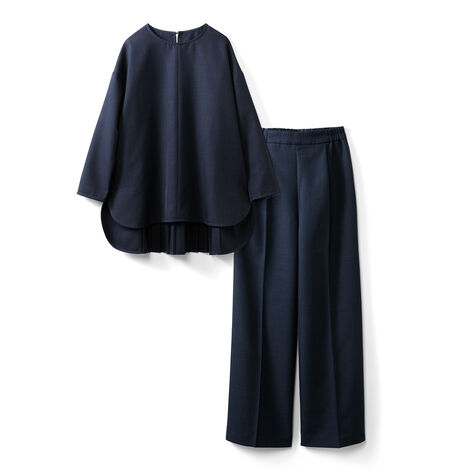 リネンライク素材 バックプリーツ セットアップ〈紺〉