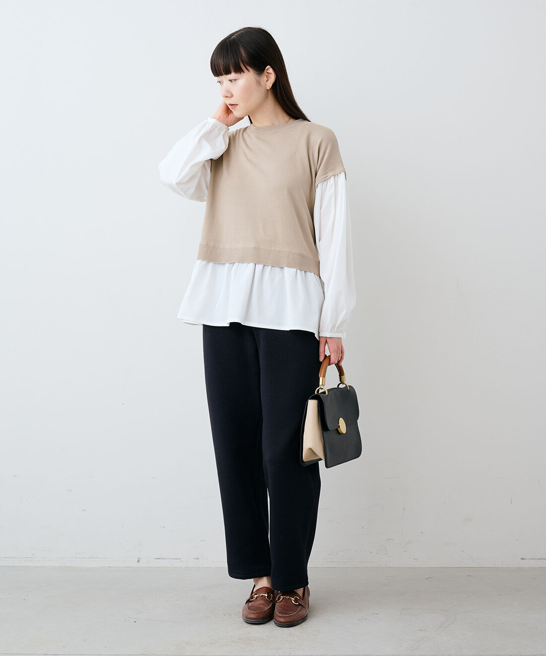 IEDIT|IEDIT[イディット]　さらっと女性らしく決まる きれいめ異素材ドッキングニットトップス