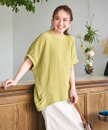 IEDIT［イディット］ | シャーリング レース カットソー プルオーバー 〈ライムグリーン〉