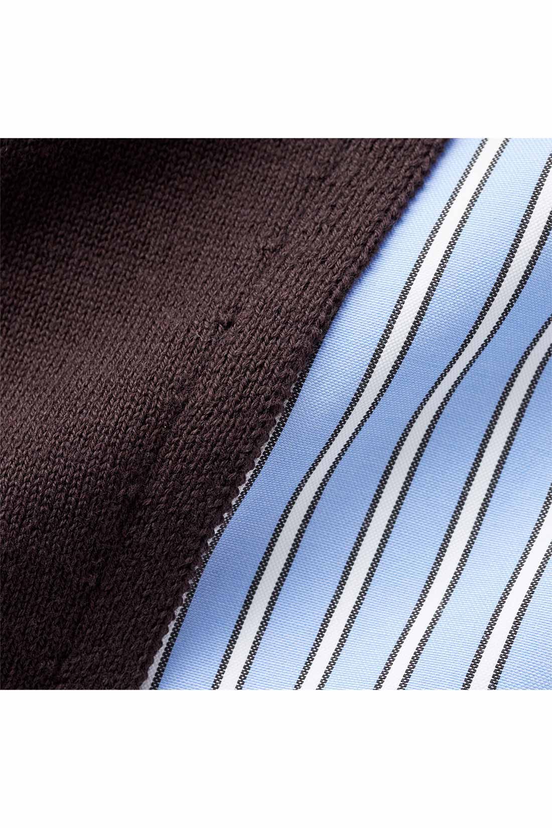 IEDIT[イディット]　異素材切り替えのストライプシャツ ドッキングニットトップス〈ブラック〉|秋口からさらっと着られるコットンニットとストライプシャツの組み合わせ。