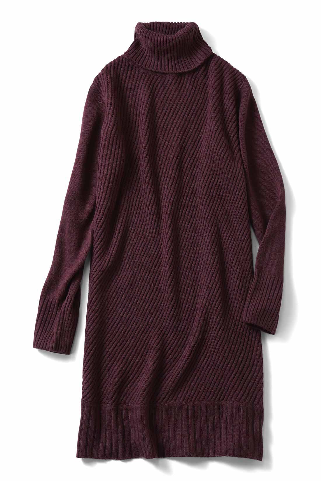 IEDIT|IEDIT[イディット]　斜めの編み地で着やせ ニットチュニックワンピース〈ブラウン〉