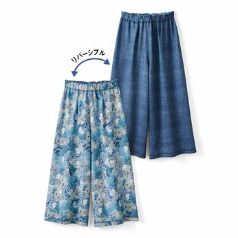 IEDIT | デニム ヨーロッパプリント リバーシブル クロップド丈 ワイドパンツ 〈ブルー〉