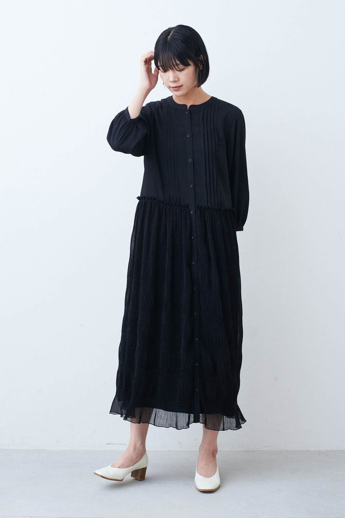 IEDIT［イディット］|IEDIT[イディット]　ドレスライクな楊柳（ようりゅう）シアードッキングワンピース〈ブラック〉|モデル身長：164cm　着用サイズ：M
