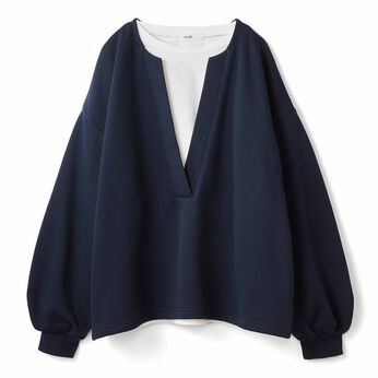 IEDIT | 裏起毛 キーネック スウェット ロンＴ レイヤードセット〈ネイビー〉