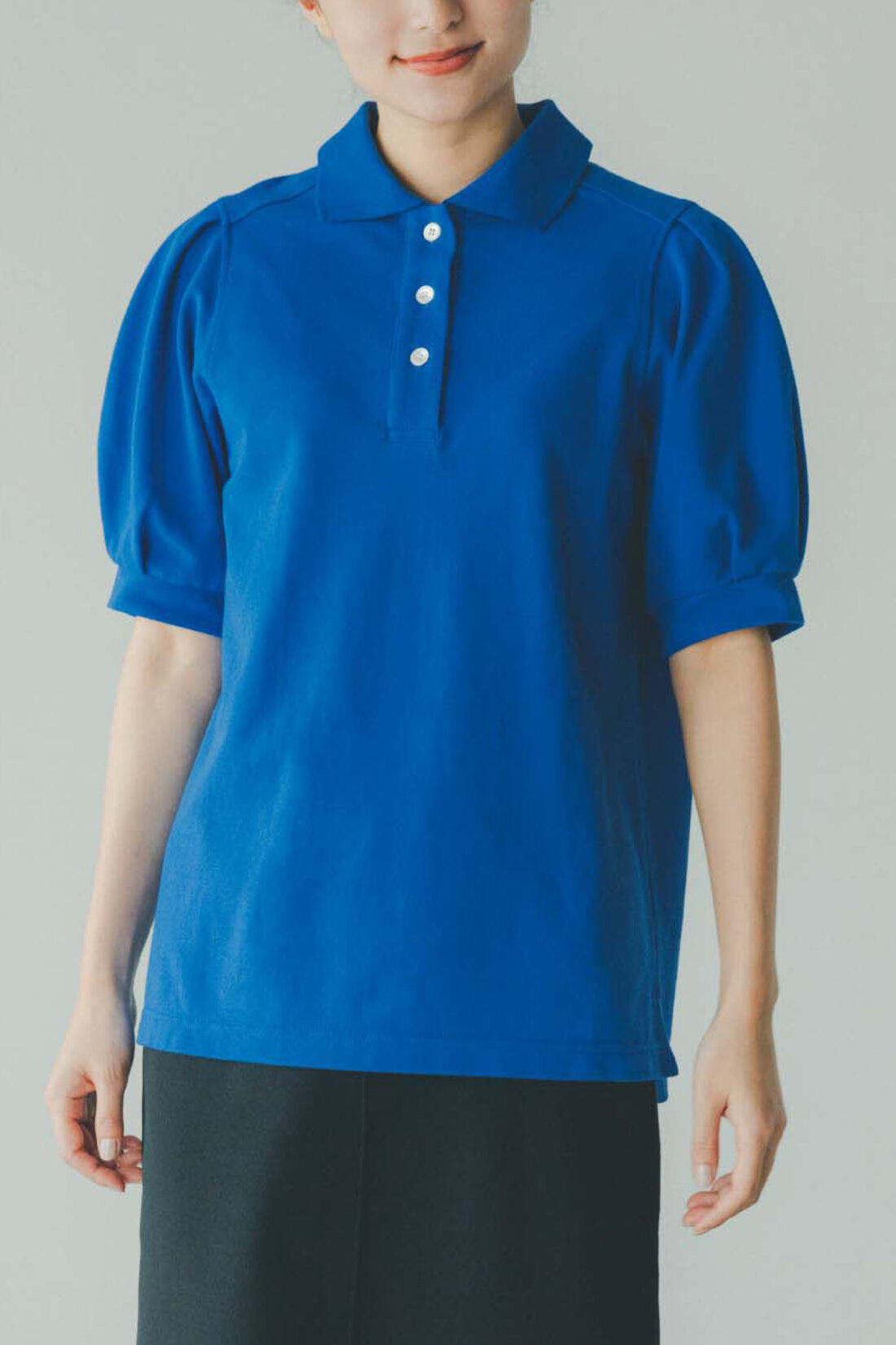 IEDIT|コットン100％ かのこ編みの涼やかパフスリーブポロシャツ〈ブルー〉【おはだが気になるみんなへ】