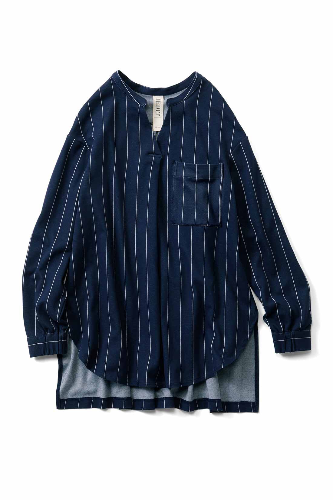 IEDIT［イディット］|IEDIT[イディット]　布はくに見えて着心地らくちん　カットソーストライプ ロングシャツプルオーバー〈ネイビー〉