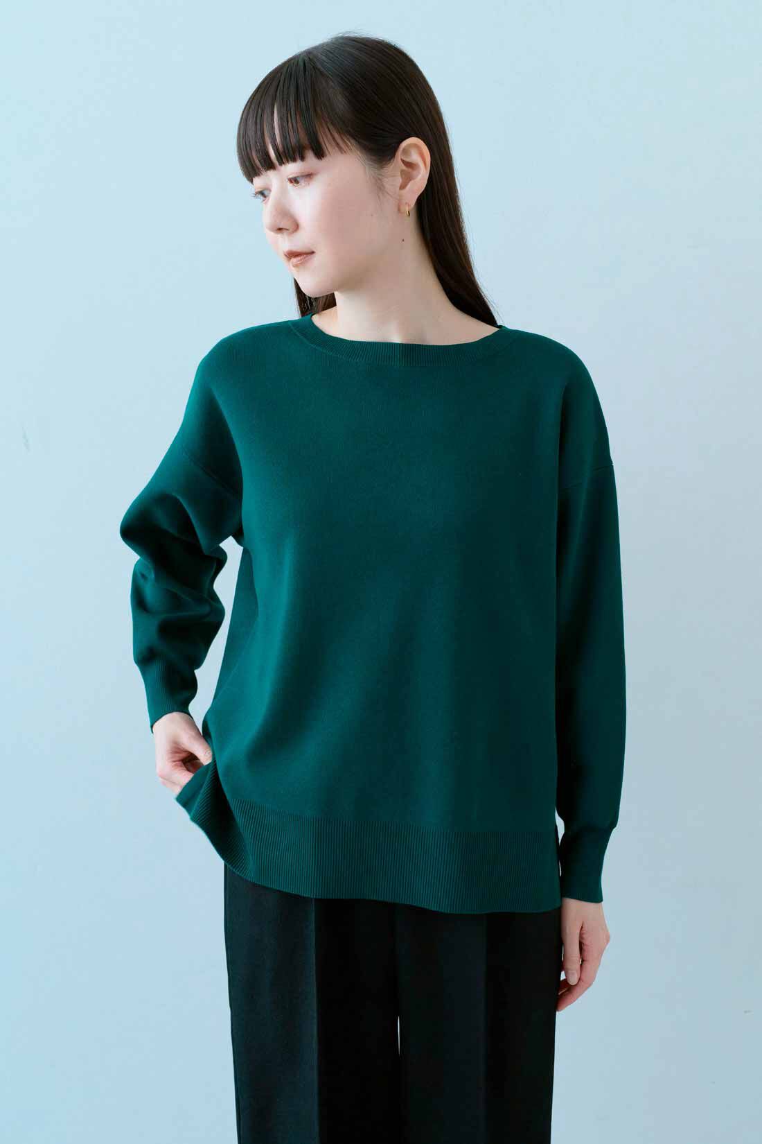IEDIT|IEDIT[イディット]　花粉リリース＆UVカットがうれしい シルエットがきれいな上品シンプルニット〈グリーン〉