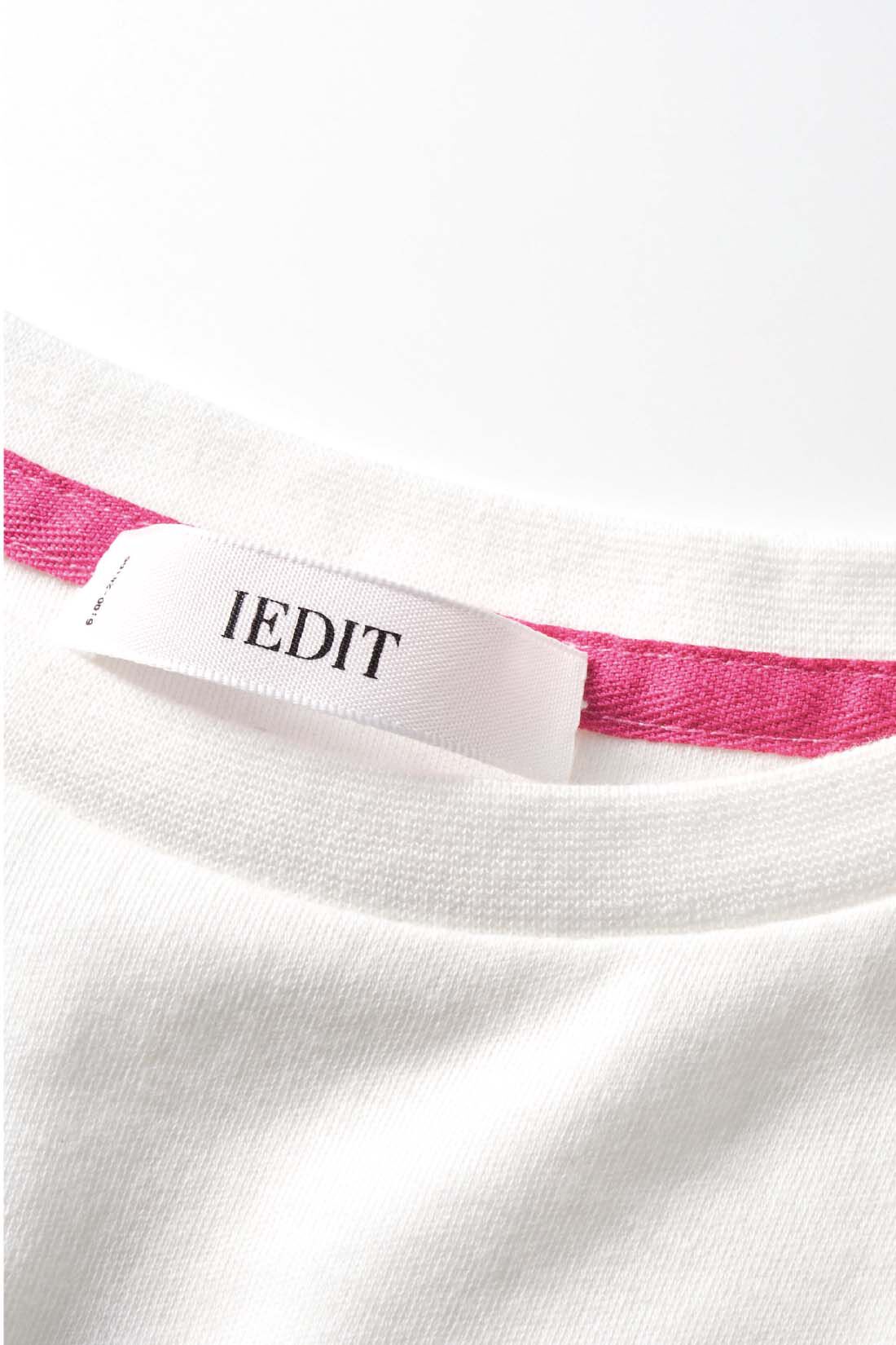 IEDIT|Live love cottonプロジェクト　IEDIT[イディット]　近代美術の創始者マネが描いたチャーミングなベルト・モリゾをあしらったパフスリーブアートTシャツ〈ホワイト〉|コラージュしたロゴに合わせてネック裏のテープもピンク色に。