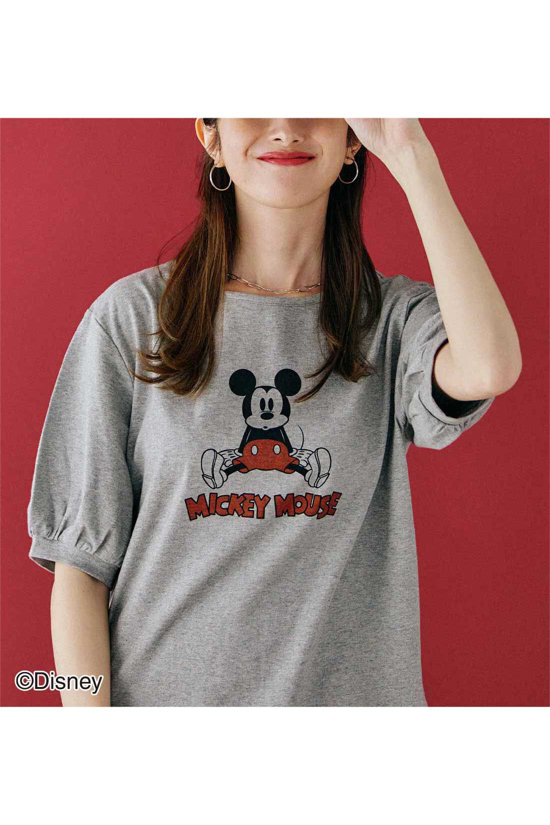 IEDIT[イディット]　Disney 古着風プリントの「ミッキーマウス」パフスリーブTシャツ