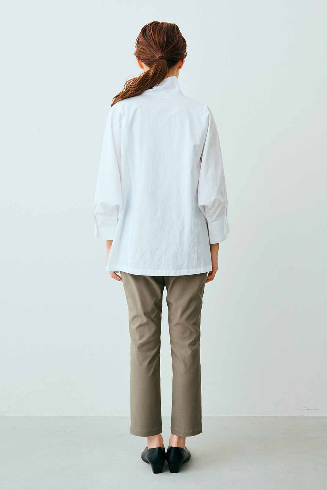 IEDIT|IEDIT[イディット]　コットン素材のスタンドカラー ドルマンスリーブシャツ〈ブラック〉|モデル身長：163cm　着用サイズ：M