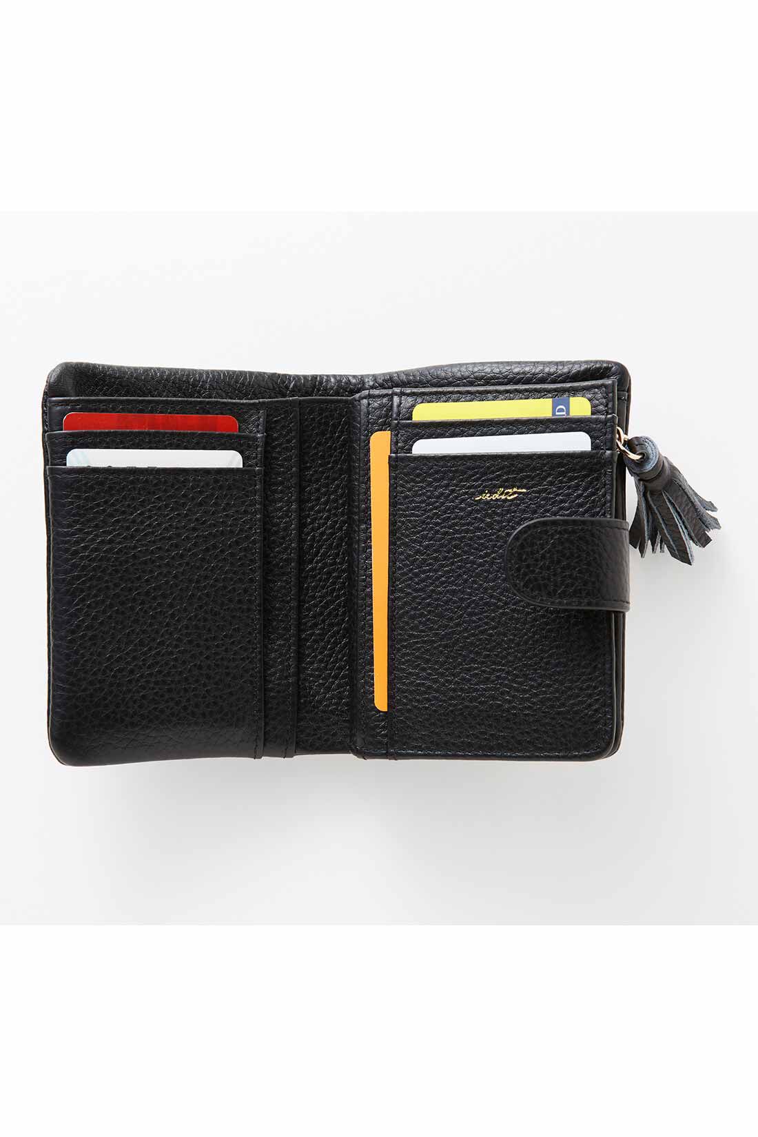 イディット|IEDIT[イディット]　くったり本革素材できれいめ二つ折り財布〈ブラック〉|カードはたっぷり8枚収納可。