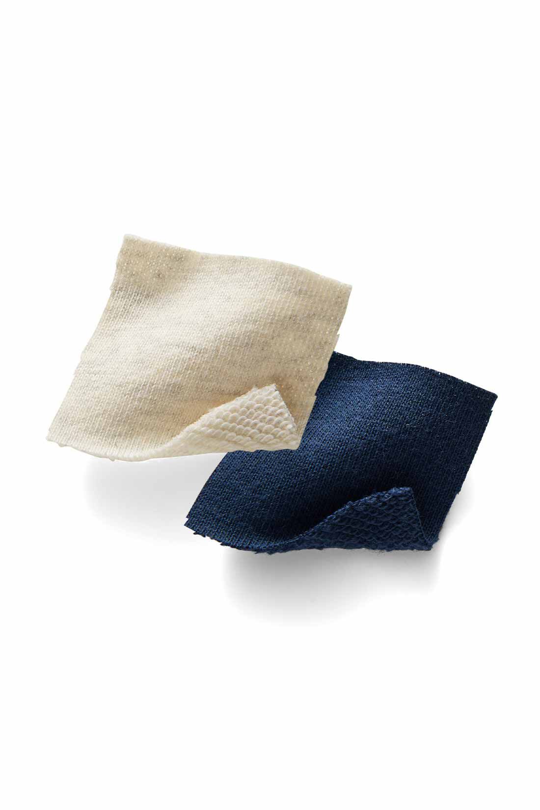 IEDIT|IEDIT[イディット]　ＷＯＯＤＳコラボ　衿付き刺しゅうロゴスウェット〈ネイビー〉|適度な厚みがあり、からだのラインを拾いにくい綿混の裏毛スウェット素材。