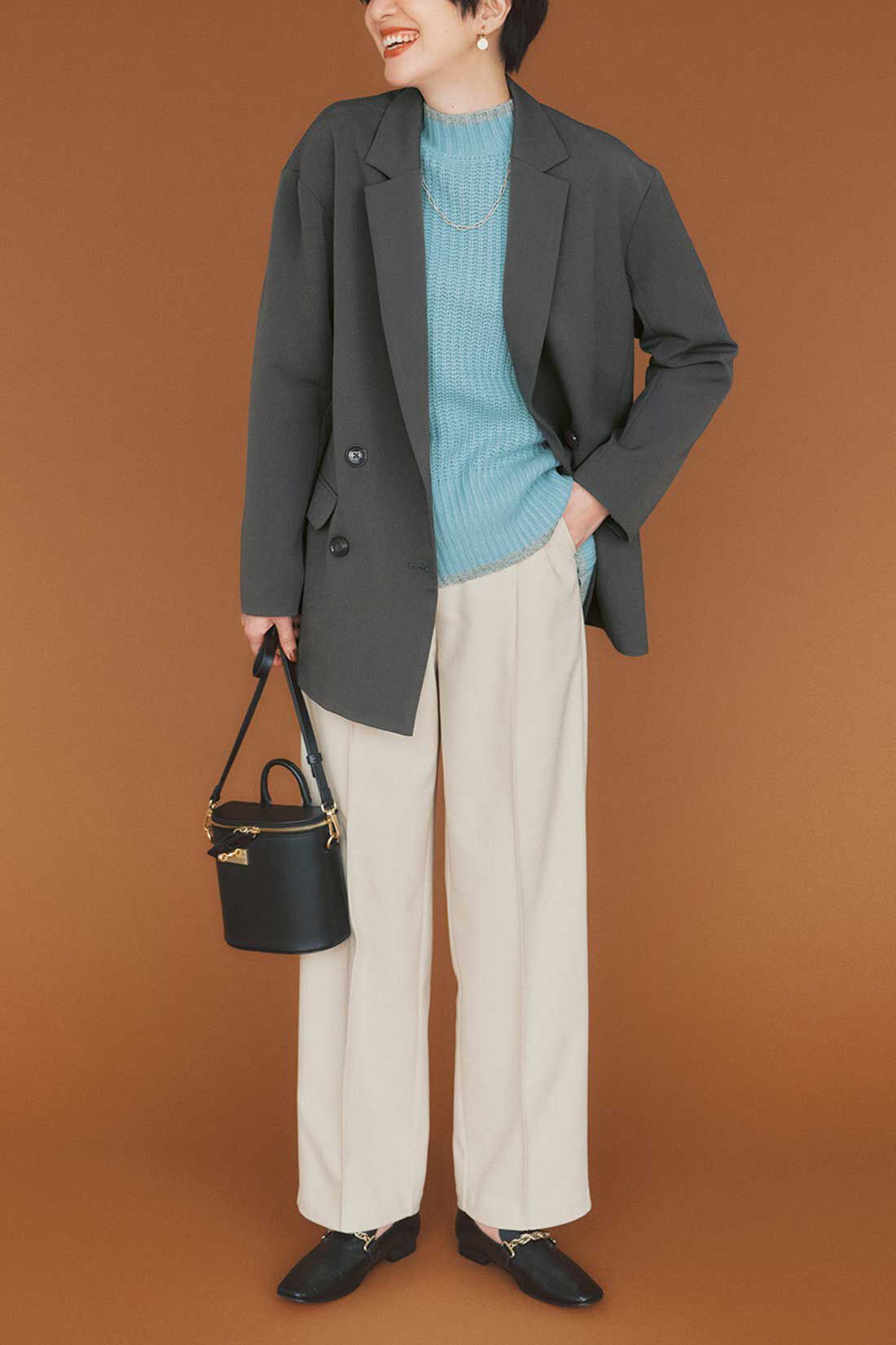 IEDIT|IEDIT[イディット]　ハンサムカラーを楽しむ 着映えデザインブルーニット〈ハイネックニット　アクアブルー×ペールグレー〉