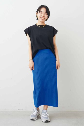 IEDIT | 小森美穂子さん コラボ 接触冷感 シャリ感 リブ ニット スカート 〈ブルー〉