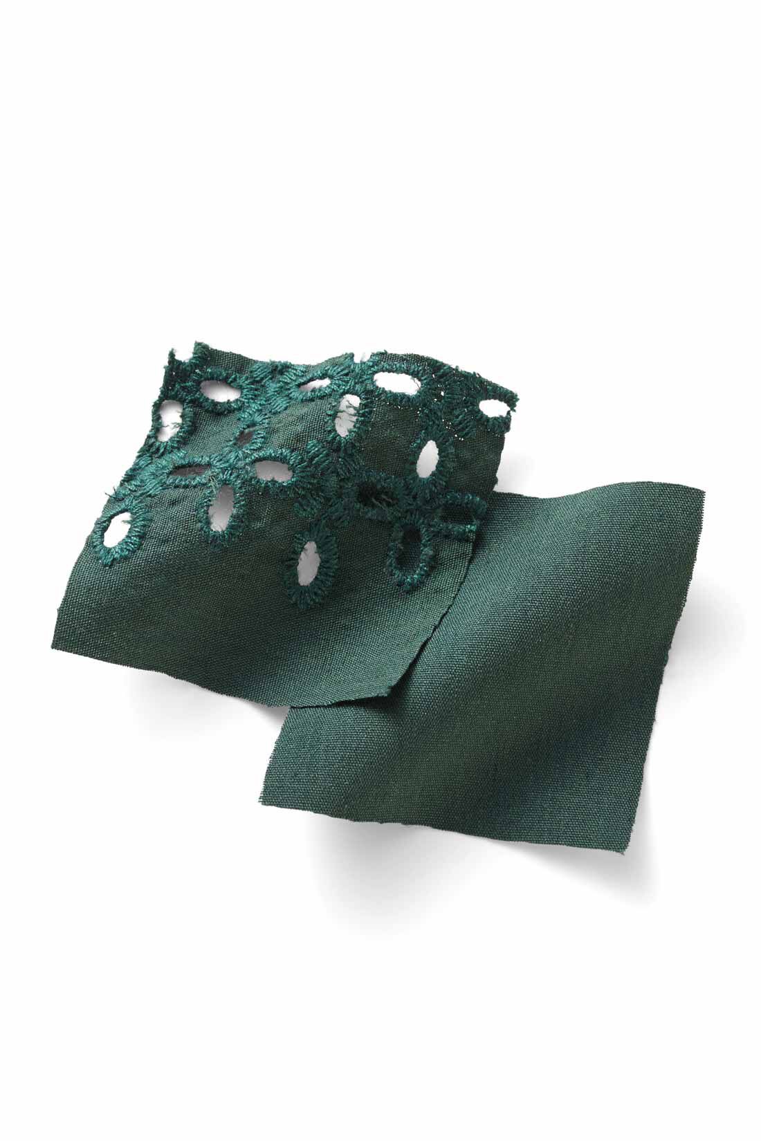 IEDIT|IEDIT[イディット]　アンティーク風デザインの袖レースブラウス〈グリーン〉|張り感のある布はく素材とレトロな表情のエンブロイダリーレースはしわが気になりにくいナチュラルな素材感。