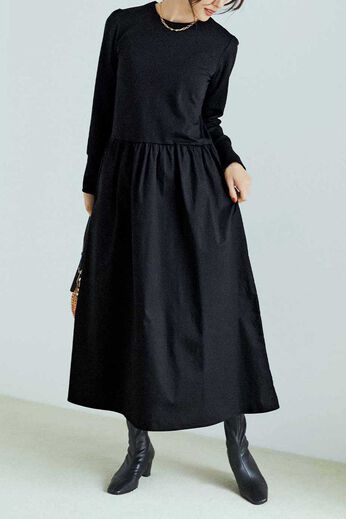 IEDIT | 小森美穂子さんコラボカットソーポンチ素材と布はくドッキングワンピース〈ブラック〉