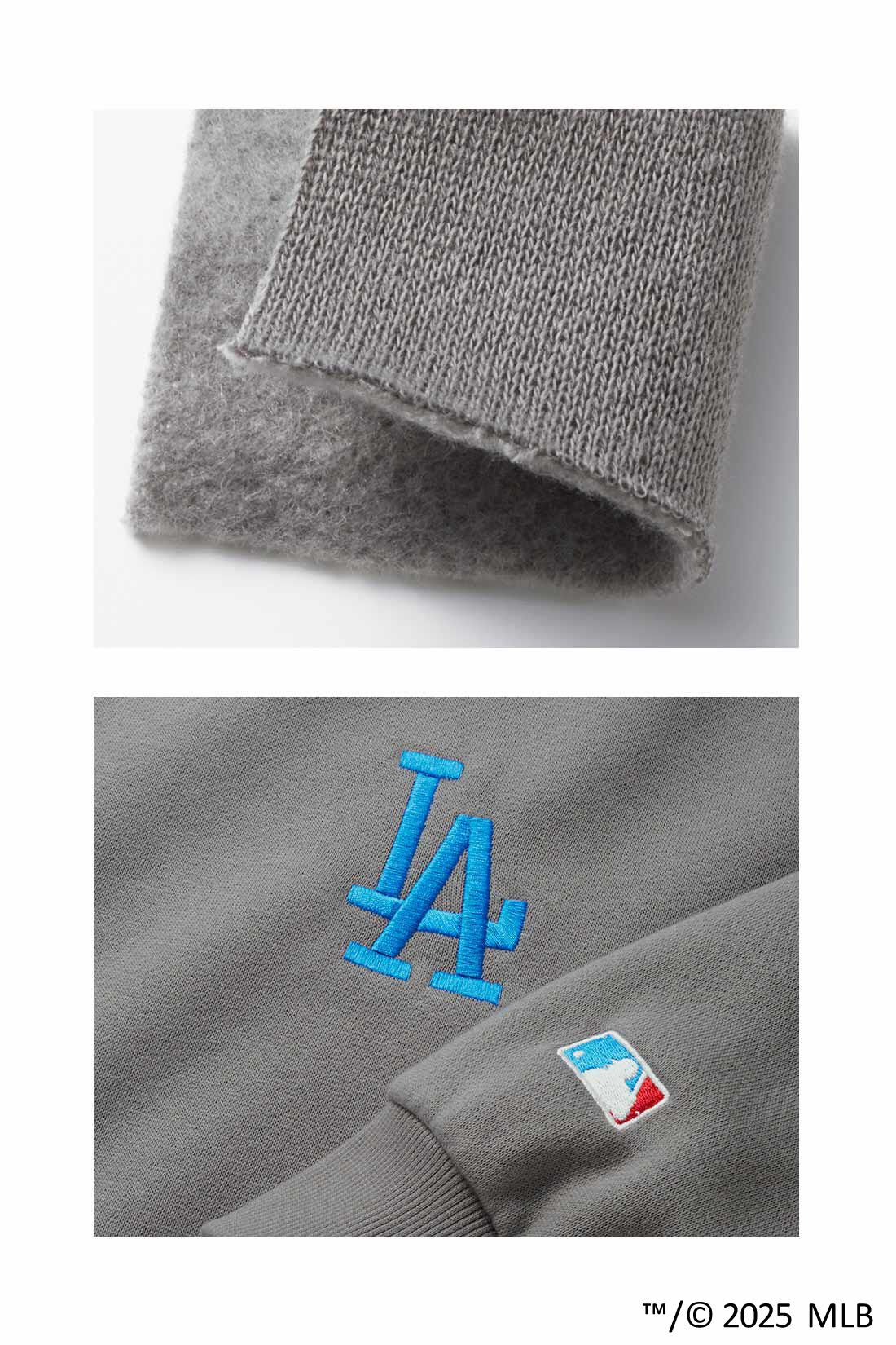 IEDIT|IEDIT[イディット]　オリジナルMLBデザイン ダークカラーでシックにきまる大人のゆるスウェットの会|MATERIAL　ふんわりした裏起毛素材。胸もとはチームマーク、後ろはロゴを、袖口にはバッターマンを刺しゅうで入れました。