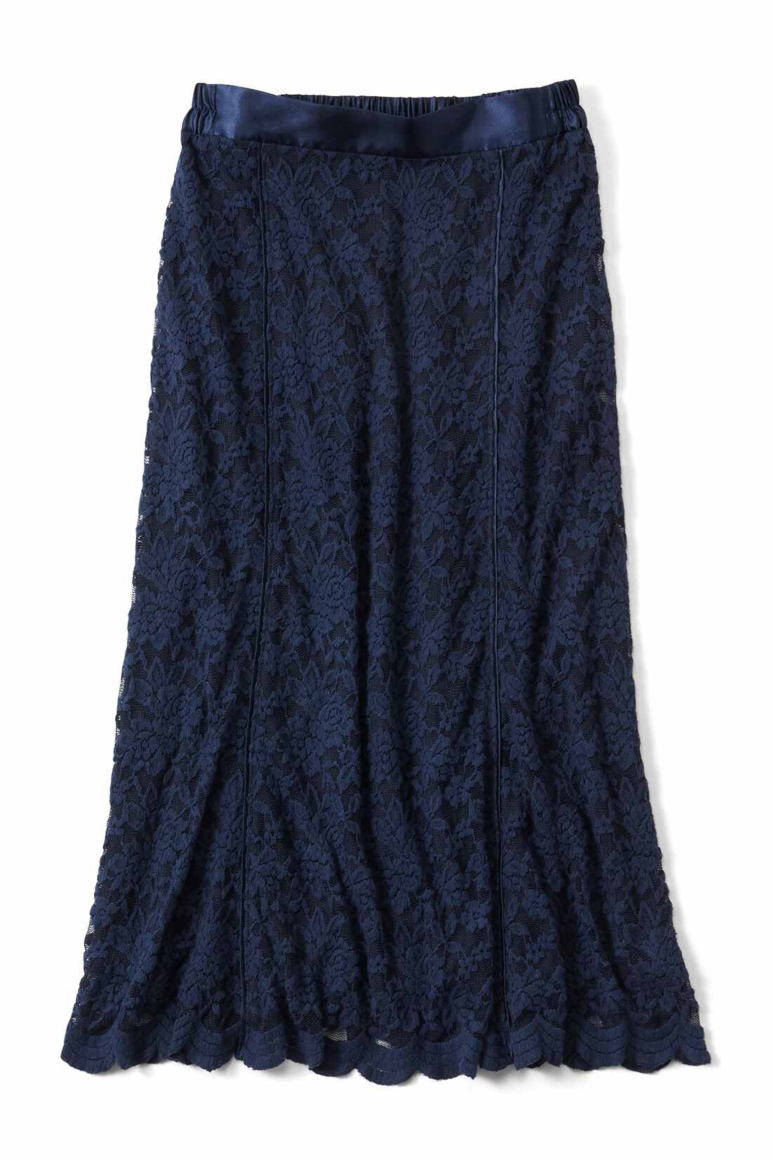 IEDIT|IEDIT[イディット]　帯電防止インナーがうれしい 起毛レーススカート〈ネイビー〉|ネイビー サテンテープの切り替えが作るきれいな縦長シルエットが魅力。