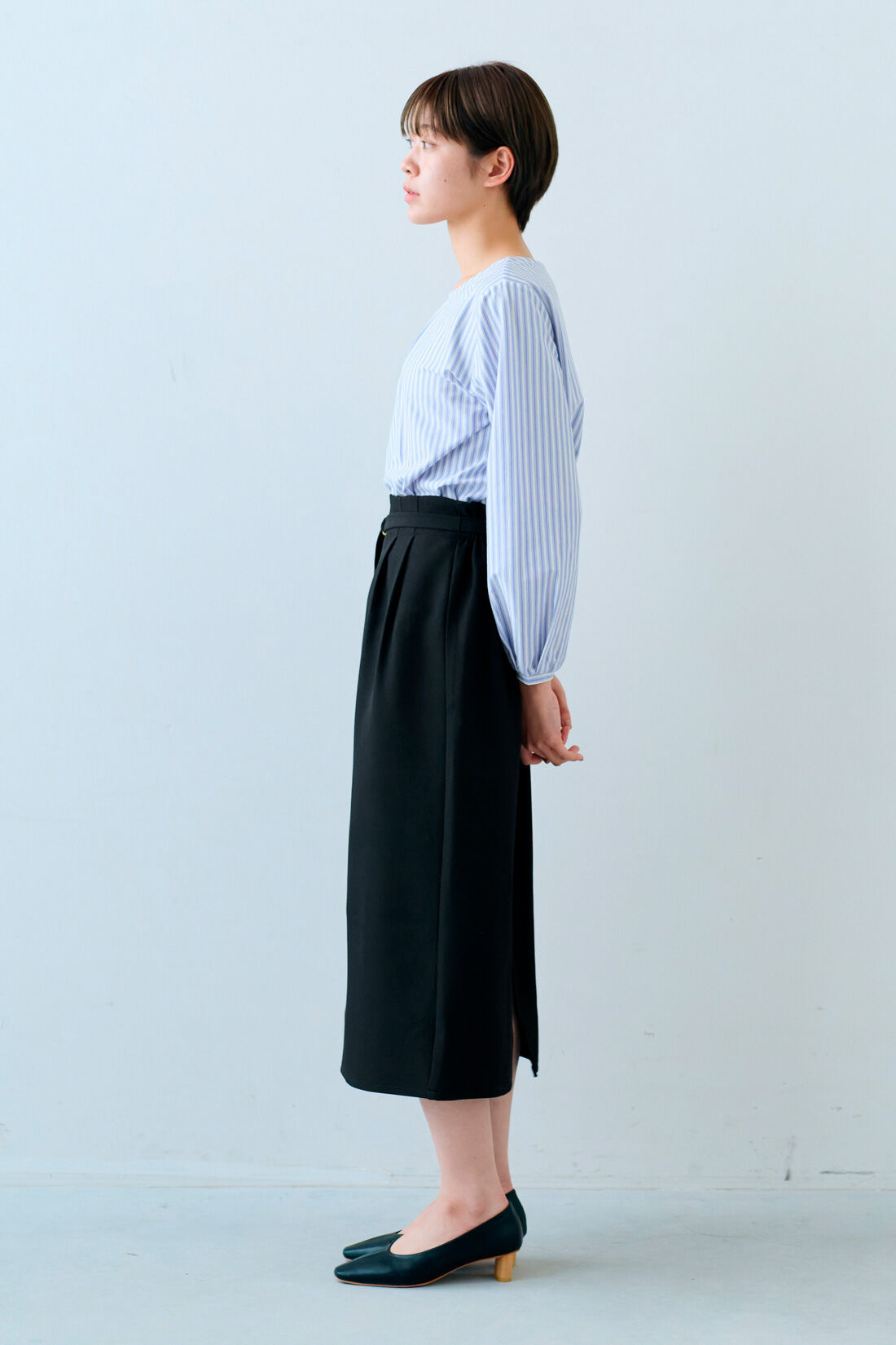 IEDIT［イディット］|IEDIT[イディット]　Tシャツ感覚で着られるカットソーストライプブラウス|モデル身長：163cm　着用サイズ：M